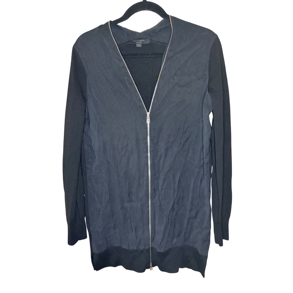 AllSaints‎ Black Wool Cupro Mixed Media Full Zip Cardigan Sweater Medium
